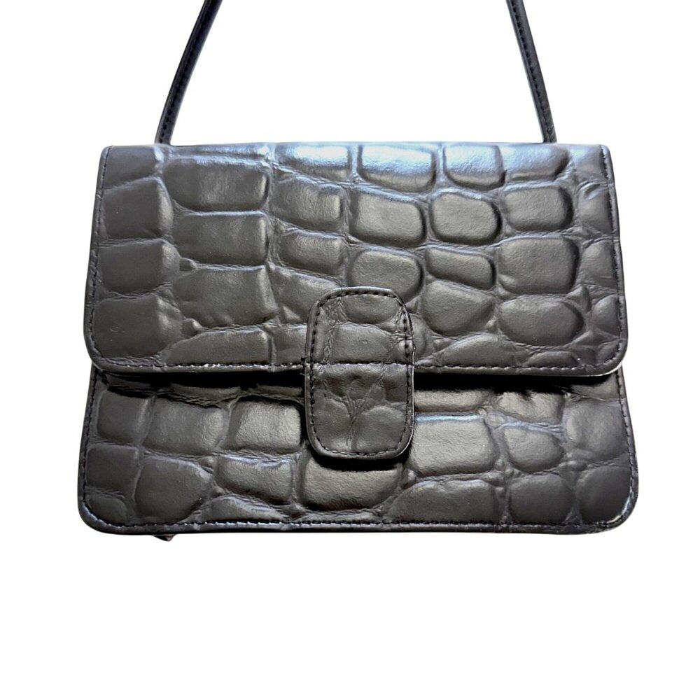 Dover Women's Crossbody Bag Black Leather Croc Embossed Sling Purse Vintage 70s